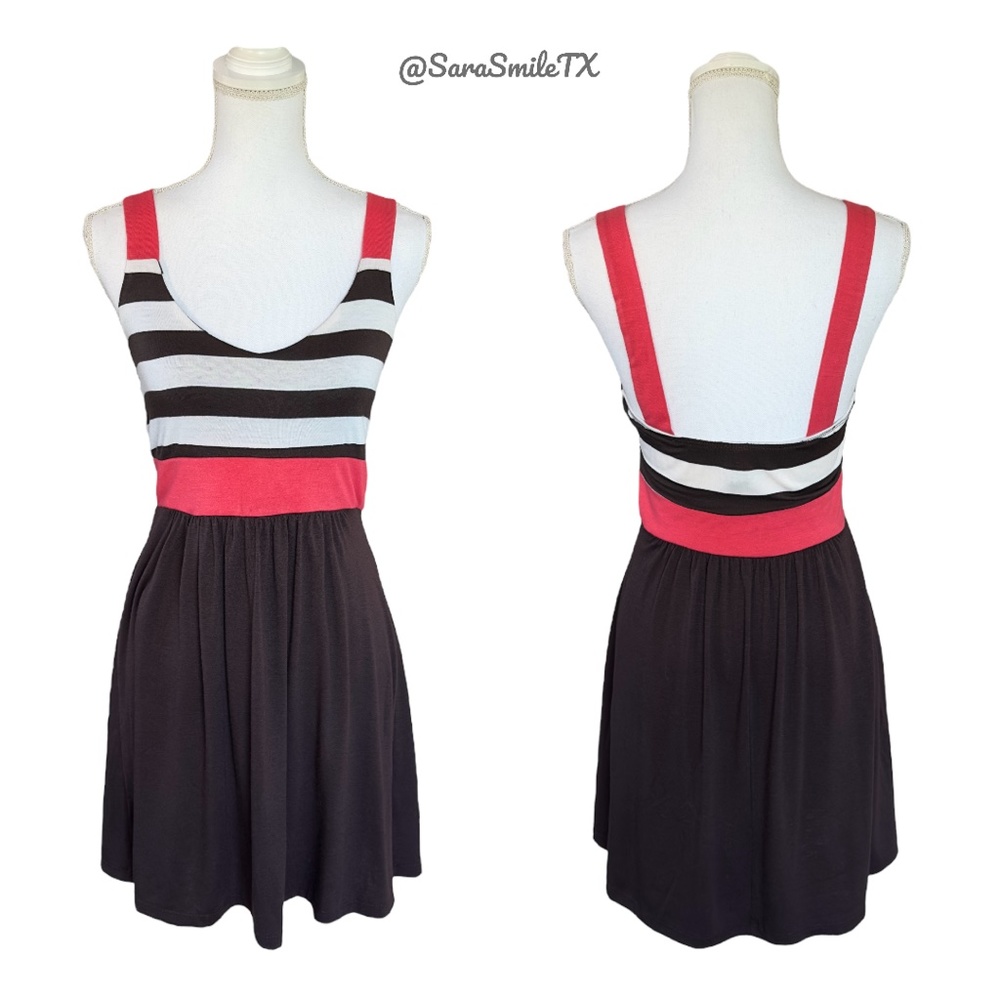 C. GRAFFITI Pink Brown Striped Sleeveless Fit & Flare Summer Mini Dress